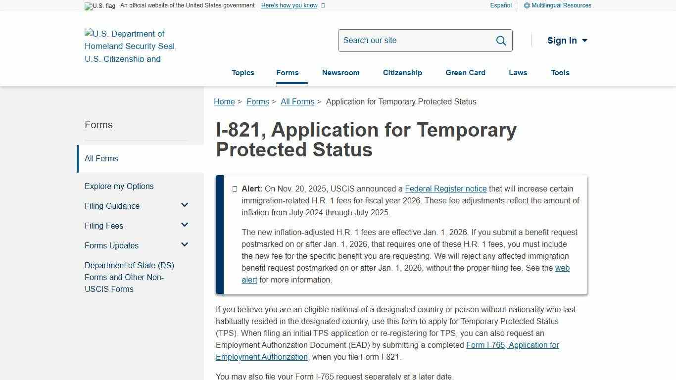 Application for Temporary Protected Status USCIS
